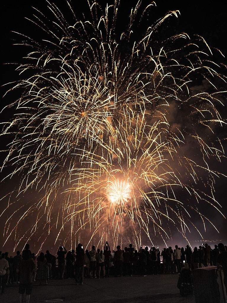 A crowd of spectators enjoy fireworks on the Canada border