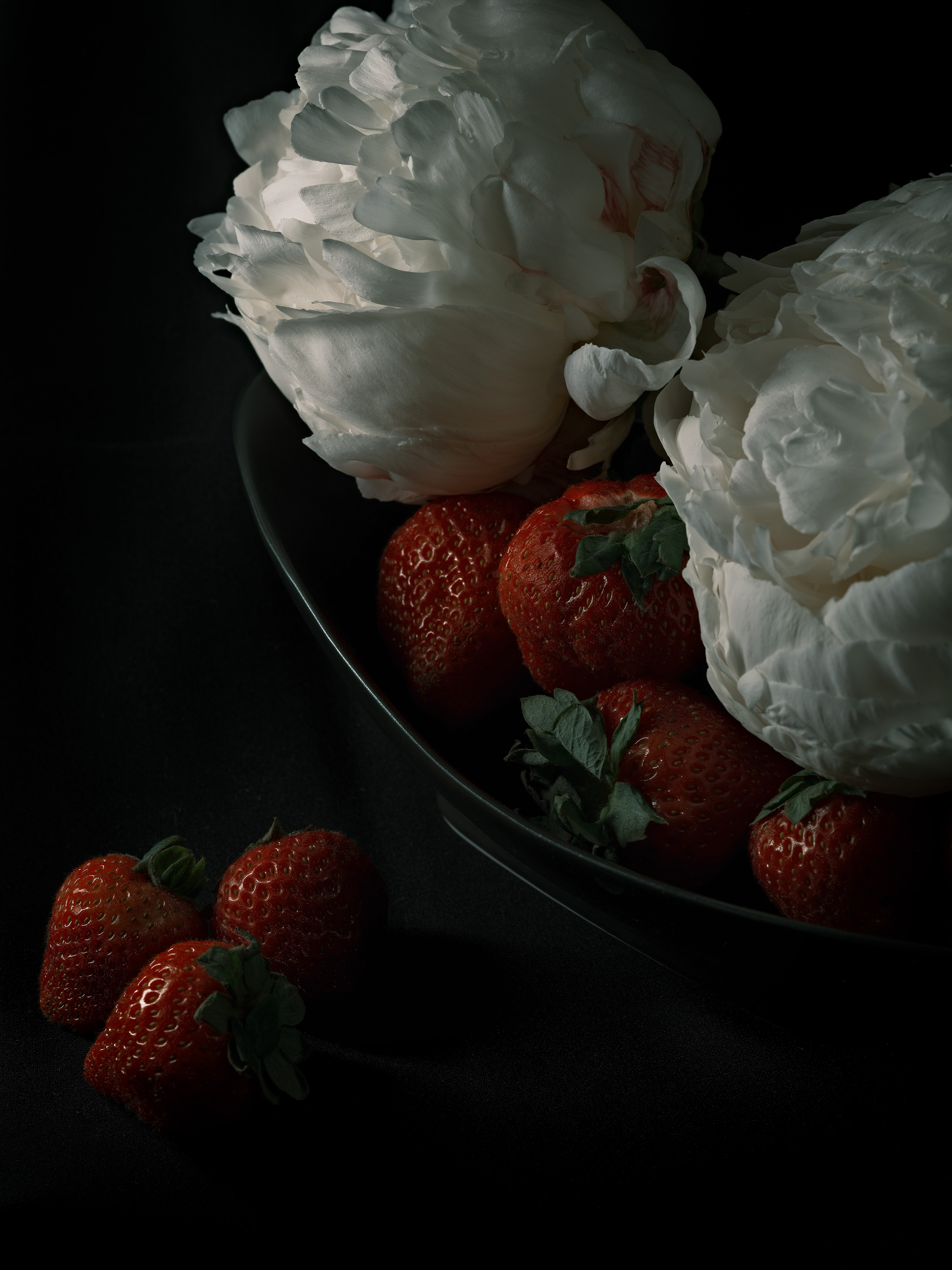 Still life photography of strawberries and peonies